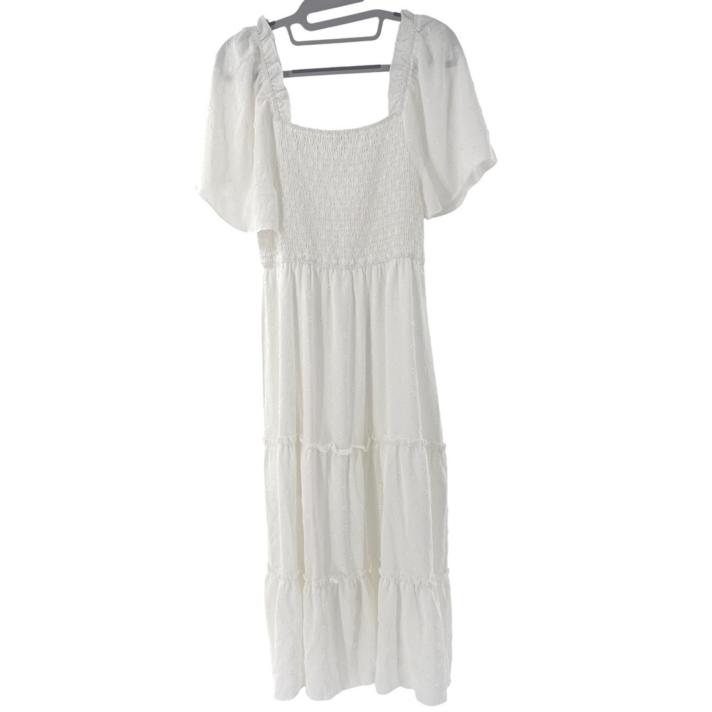Unbranded White Swiss Dot Smocked Tiered Midi Dress Womens Size Medium